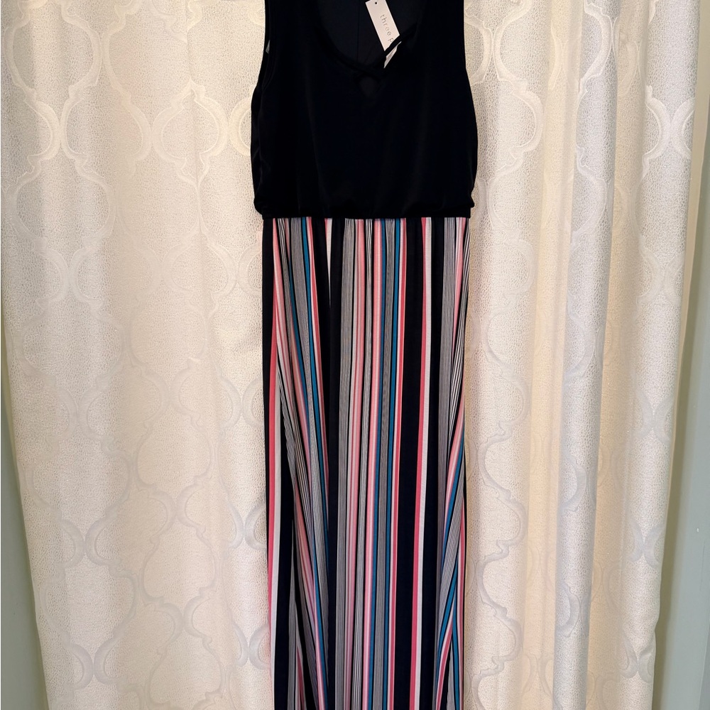 Elegant Black and Multicolor Striped Maxi Dress